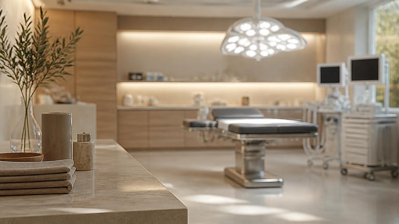 Bloc opératoire moderne et lumineux, table d’opération et éclairage chirurgical avant une intervention
