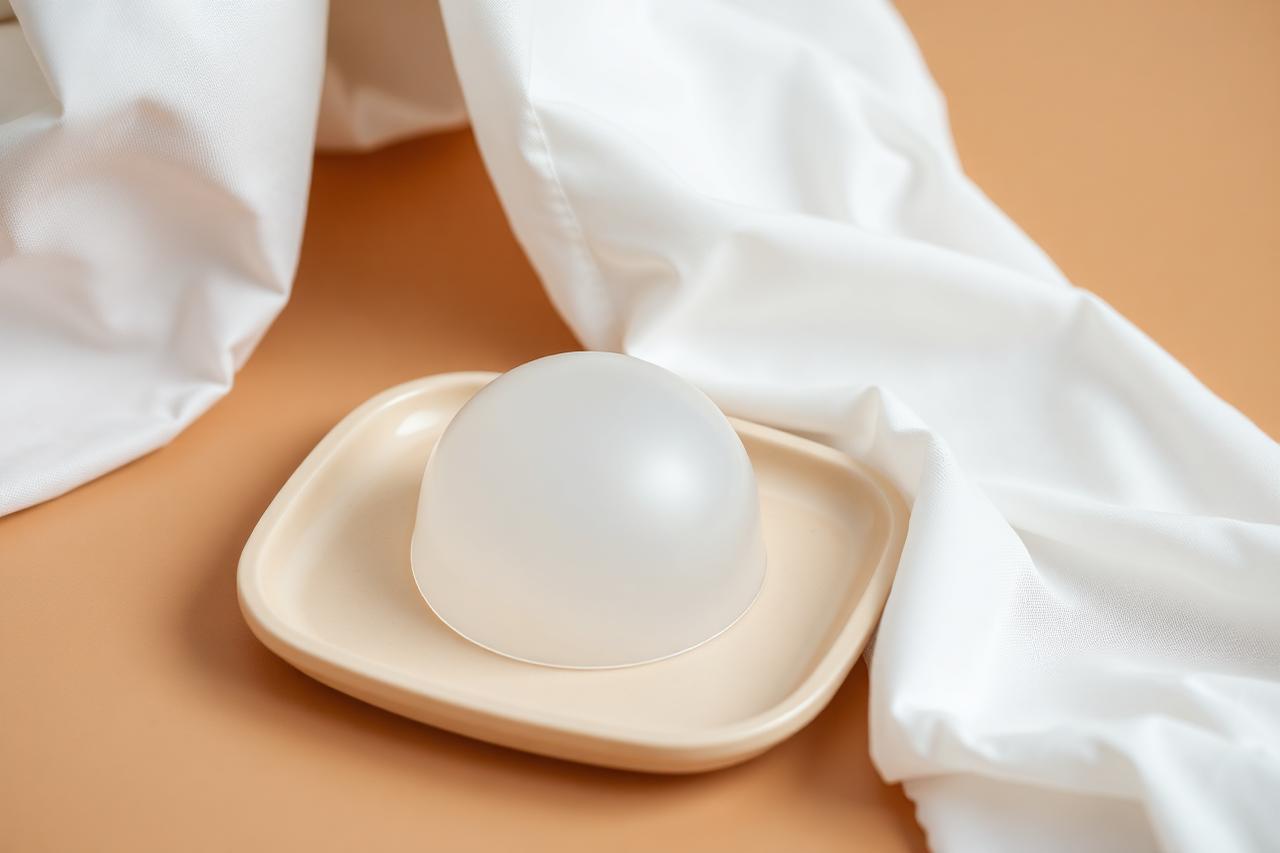 Implant mammaire en silicone présenté sur un plateau stérile