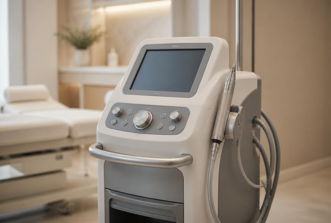 Console de liposuccion assistée par ultrasons de type VASER avec son manche et sa tubulure, dans une salle de soins